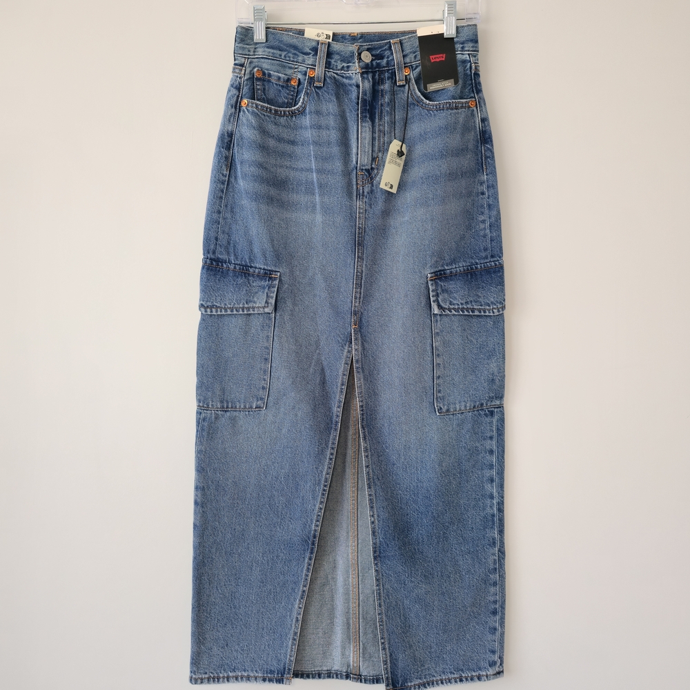 Levi's Long Maxi Skirt Denim Skirt 25 Mid Wash NWT Front Slit